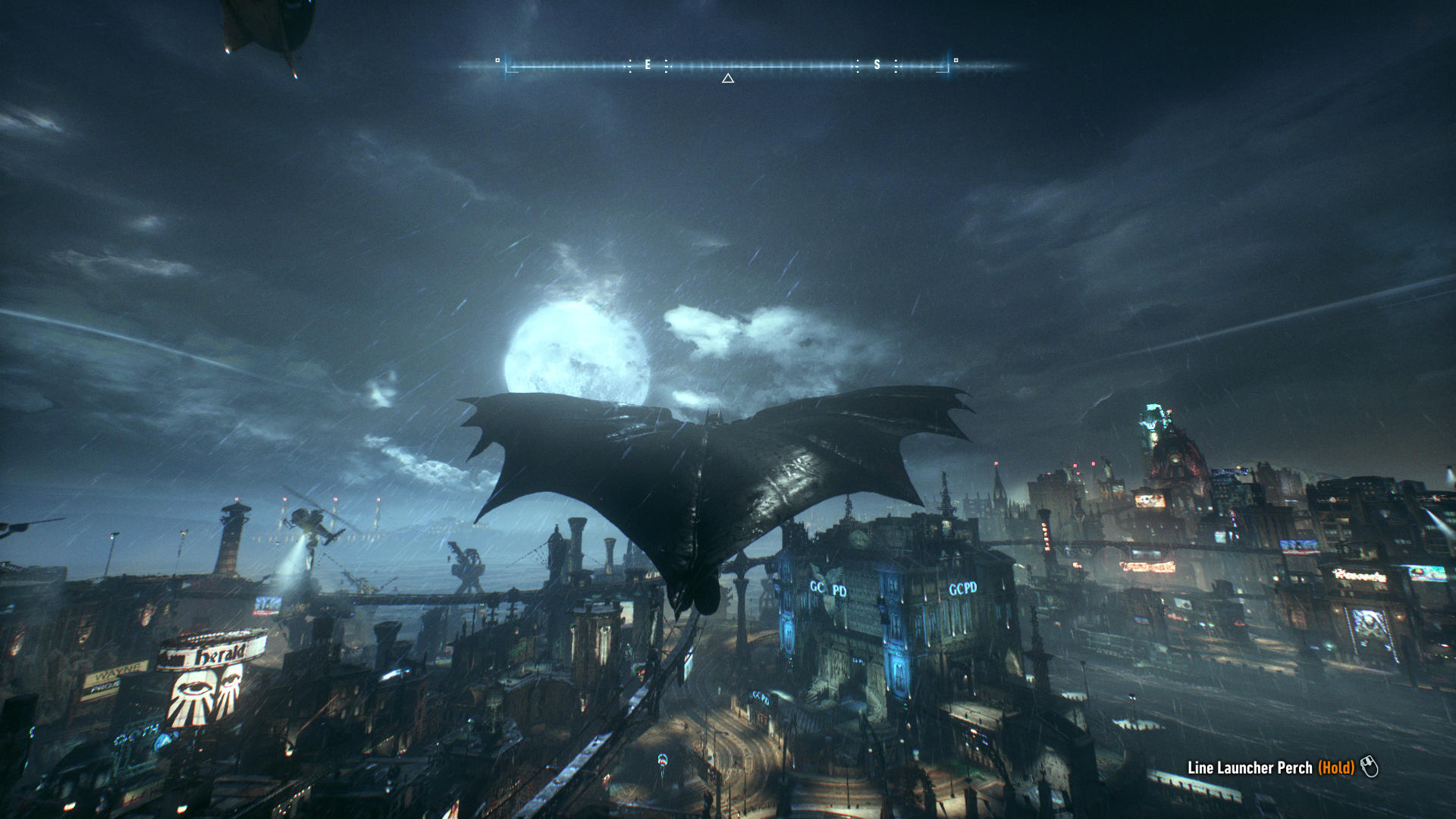 Batman gliding over the city of Gotham
