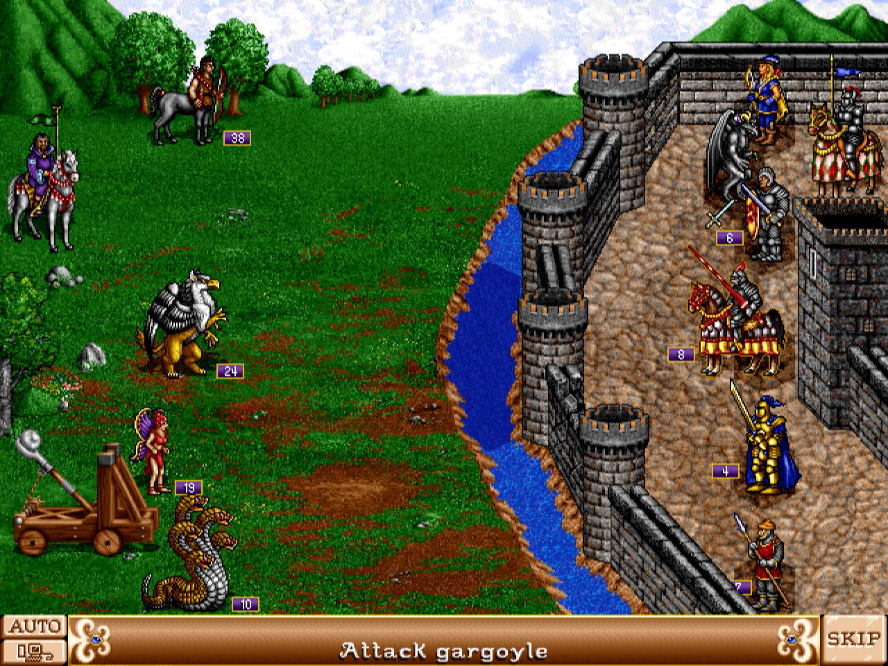 Castle siege with Knight troops defending against Warlock troops
