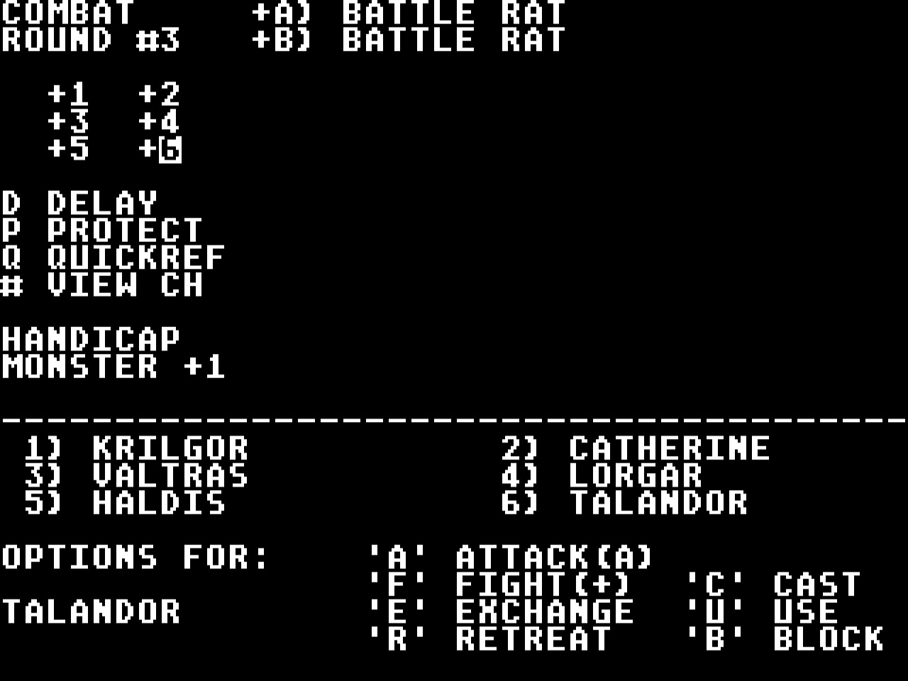 Combat screen, consisting of only text